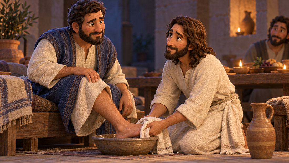 Jesus vasker en av Peters føtter i et fat og har et håndkle rundt livet.