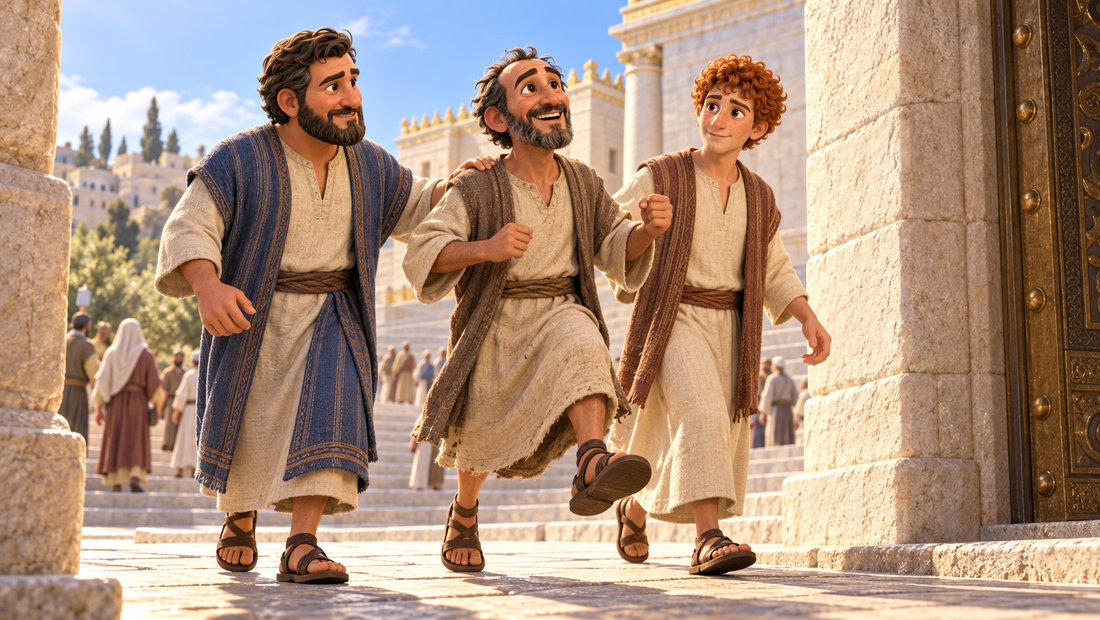 Mannen som nå kan gå, tar glade skritt inn i tempelet sammen med Peter og Johannes.