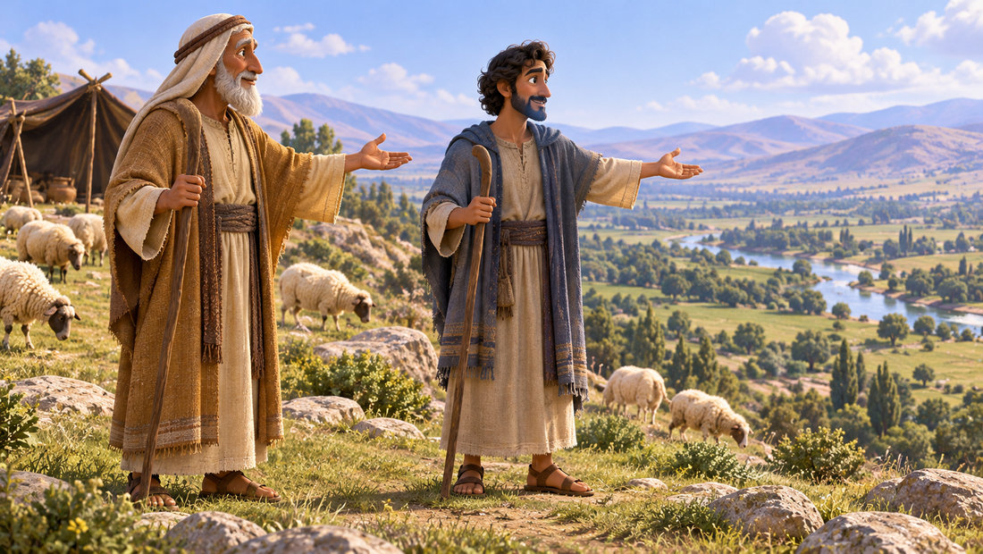 Abraham lar Lot velge beitemark, mens sauene beiter i åsene rundt dem.