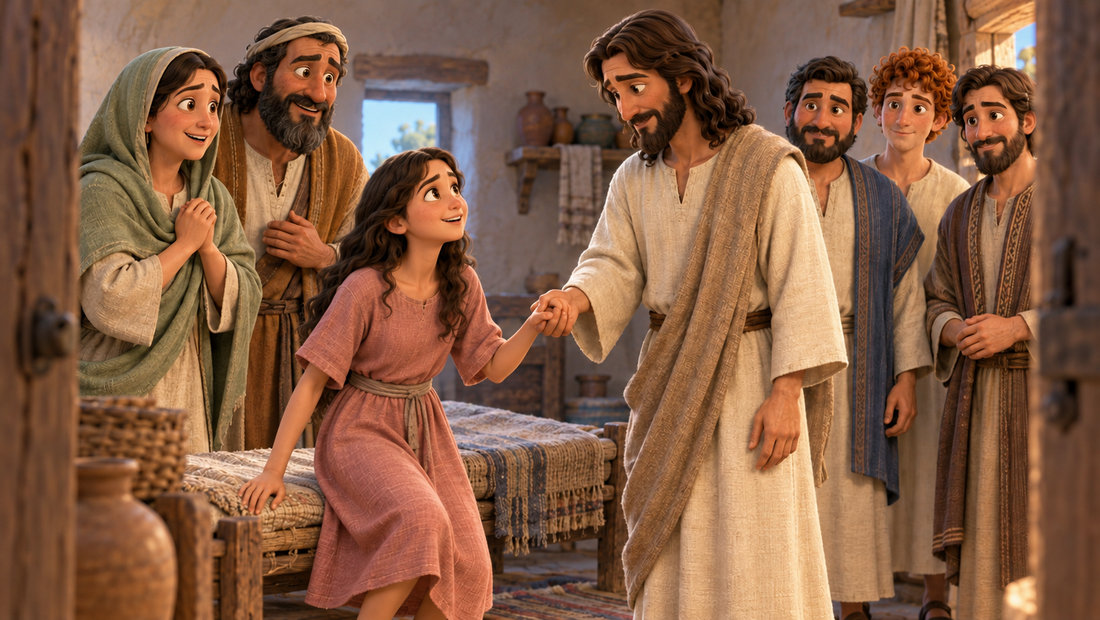 Jesus tar tolvåringen i hånden idet hun reiser seg, med foreldrene og tre disipler i rommet.