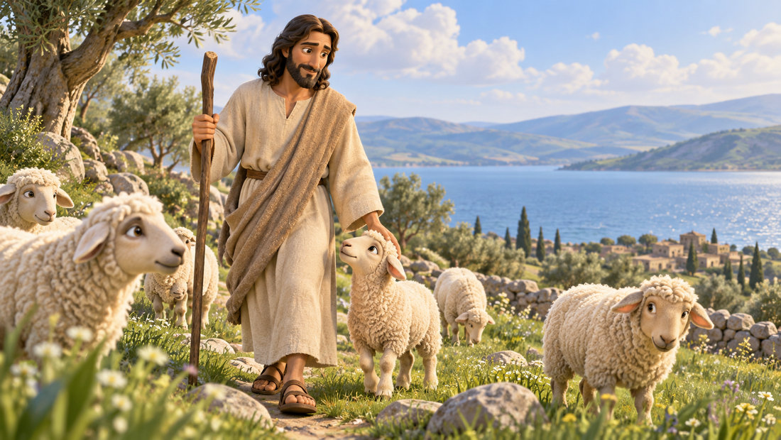 Jesus som den gode gjeteren går blant sauene i et åpent landskap.