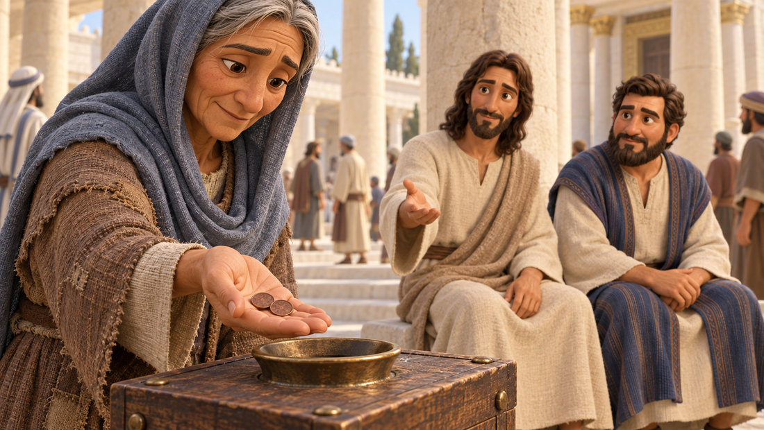 Enken holder to små mynter over tempelkisten mens Jesus gjør en av disiplene oppmerksom på henne.