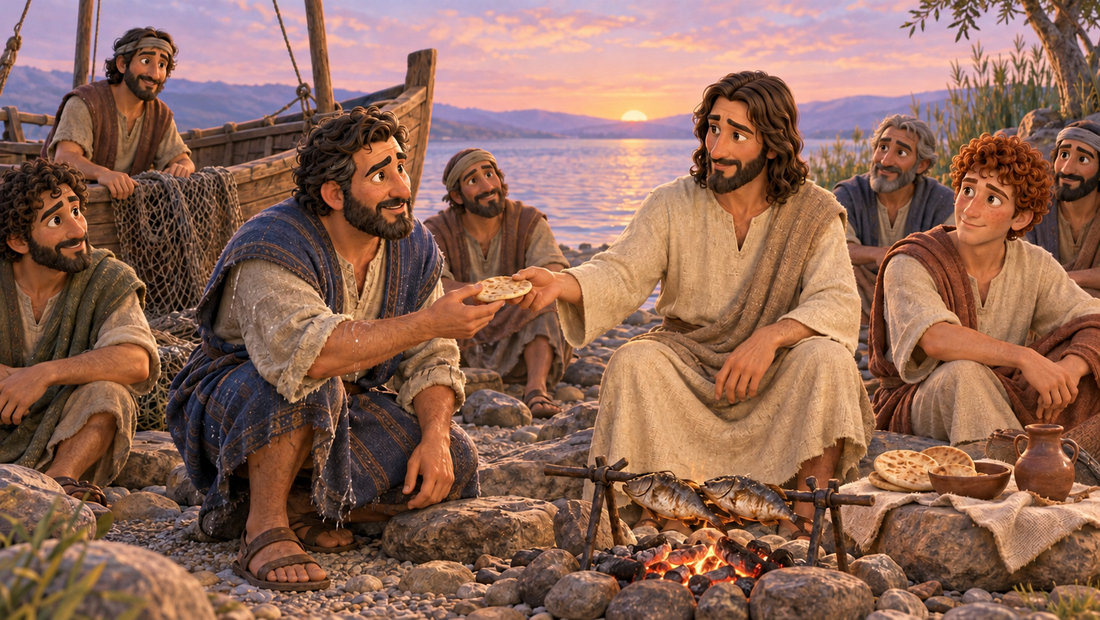 Jesus deler brød ved kullbålet på stranden, mens Peter og vennene samles til frokost.