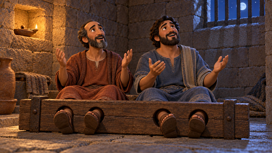 Paulus og Silas ber og synger sammen i fengselet om natten.