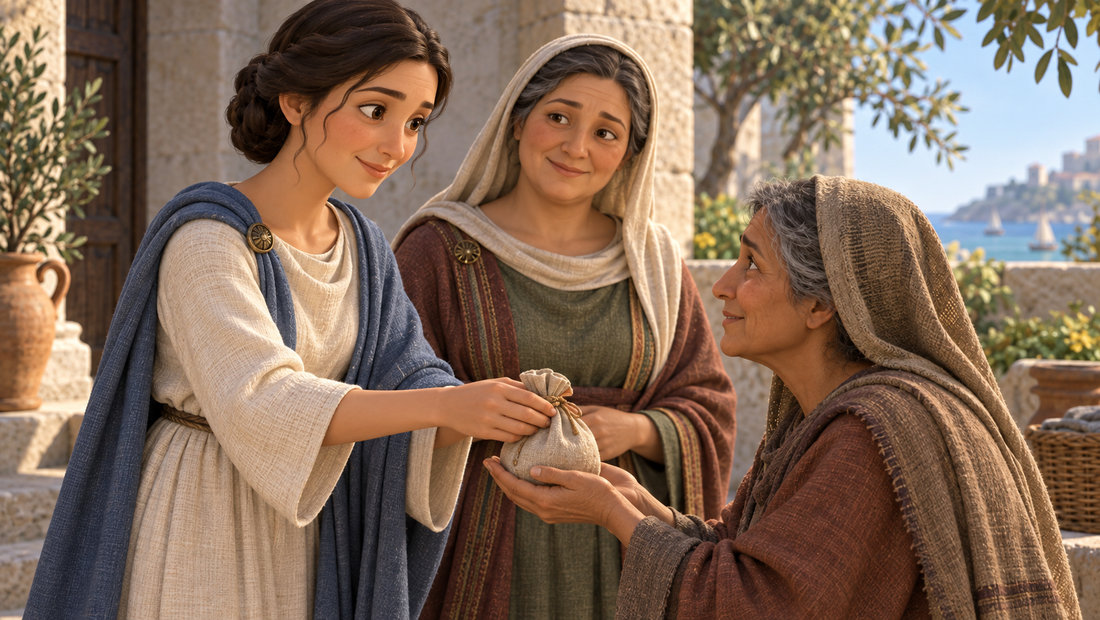 Lucia gir en liten pose med penger til en kvinne i Syrakus, mens moren står ved siden av henne.