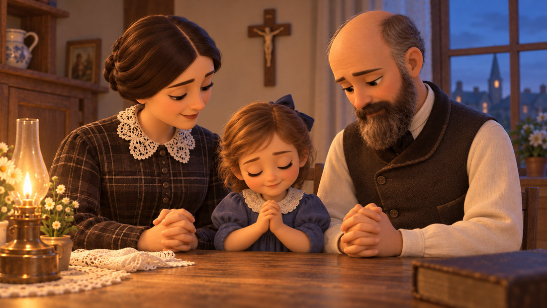 Louis og Zélie Martin ber sammen med den lille datteren Thérèse ved et trebord hjemme.