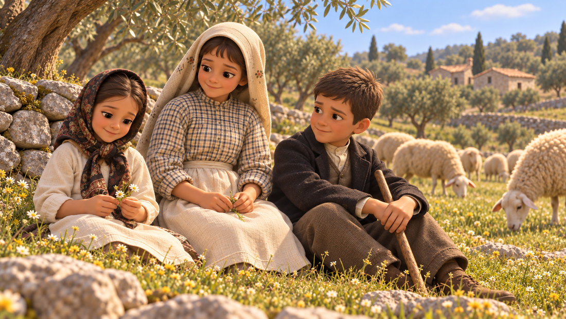 Francisco og Jacinta passer sauer sammen med kusinen Lúcia ved Fátima.