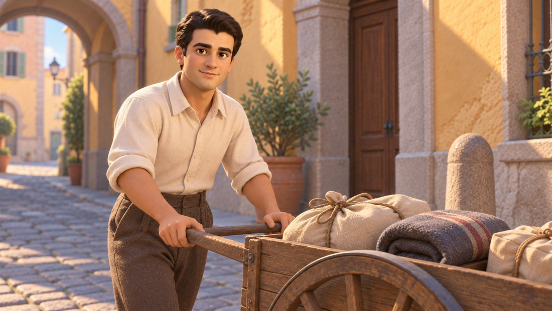 Pier Giorgio Frassati triller en håndvogn med eiendeler gjennom en rolig gate i Torino.
