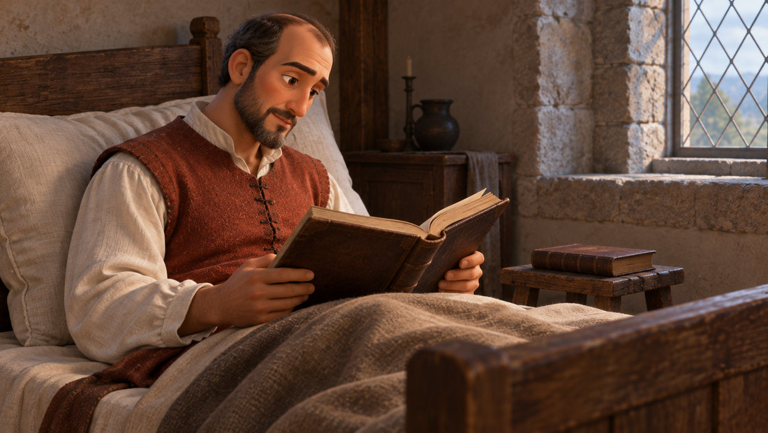 Ignatius leser en bok mens han hviler i sengen etter skaden.