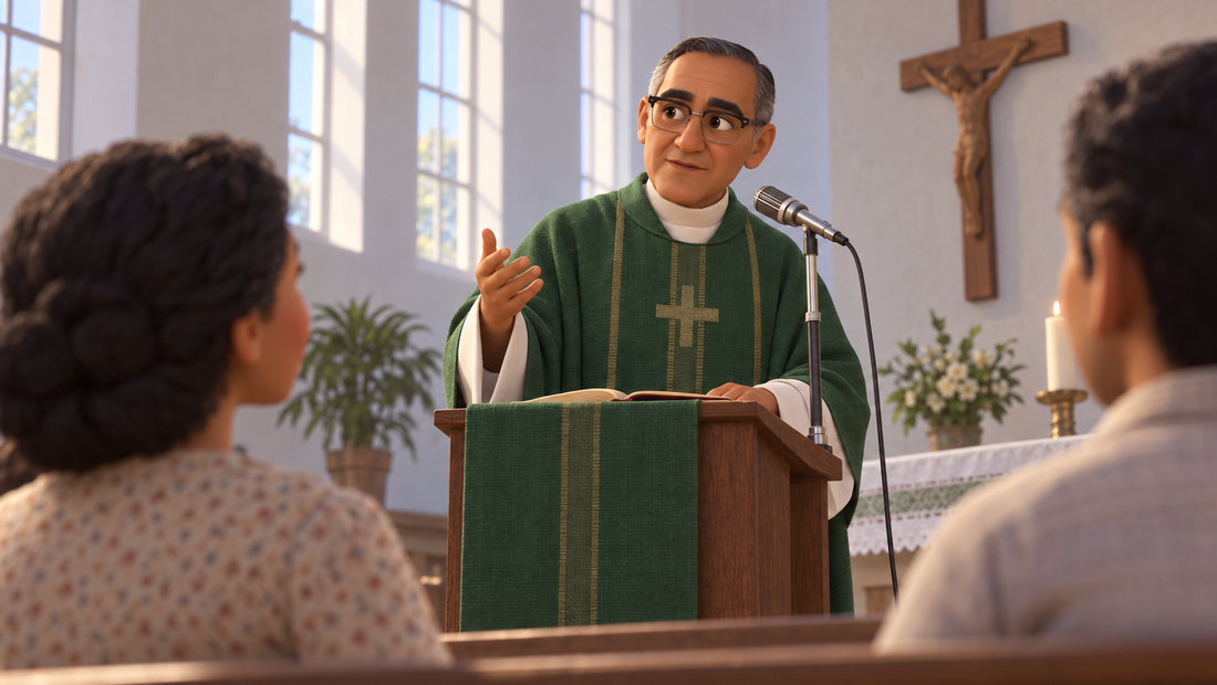 Óscar Romero taler i messen ved en mikrofon mens menigheten lytter.