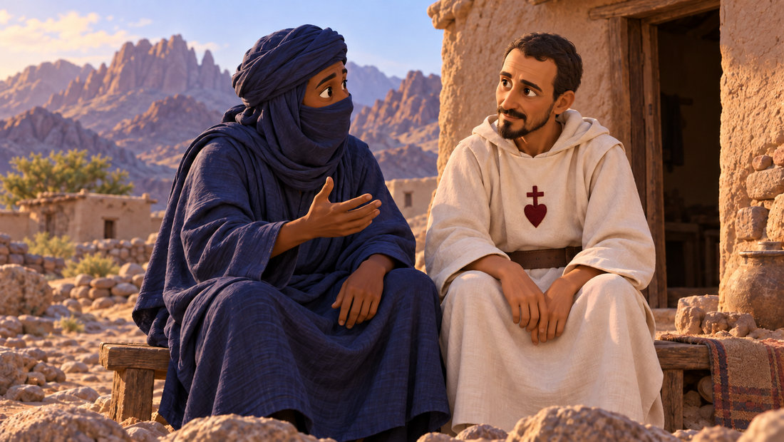 Charles de Foucauld lytter til en tuaregisk nabo utenfor hjemmet sitt.