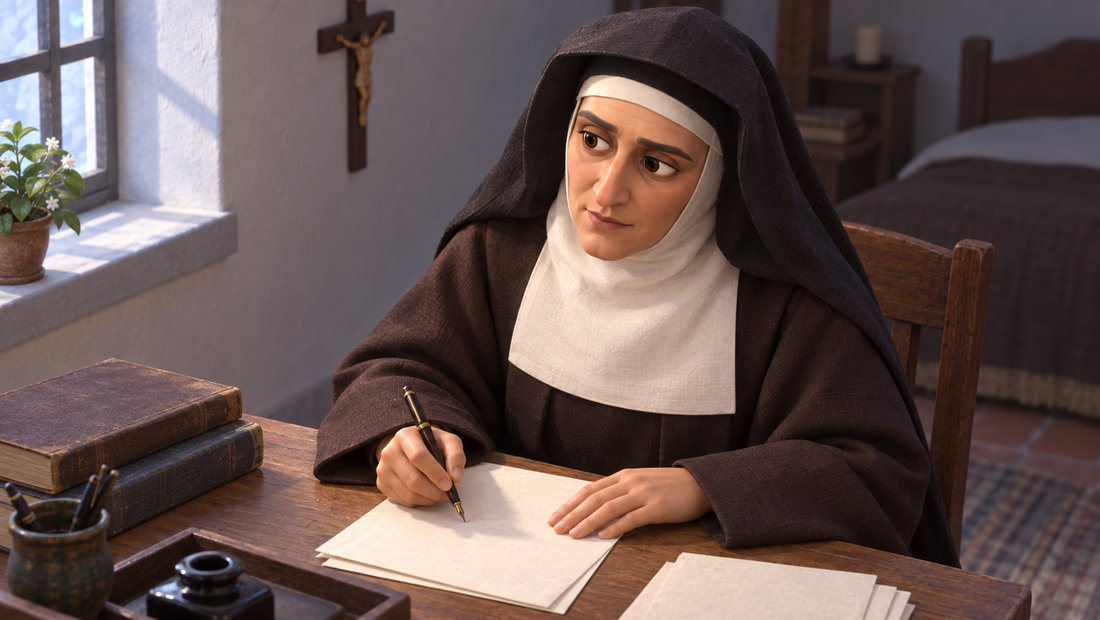 Edith Stein tenker over det hun skriver ved et lite skrivebord.