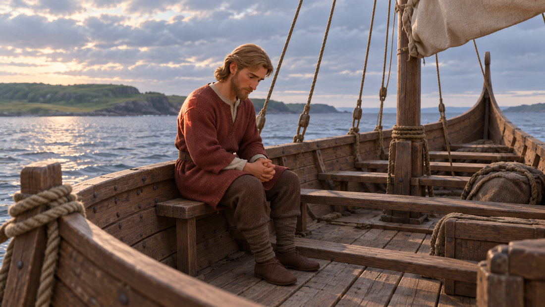 Magnus sitter stille og ber om bord på et nordisk treskip.