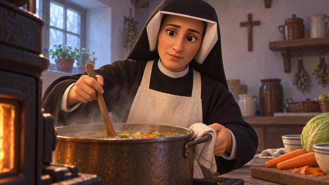 Faustina rører forsiktig i suppegryten på klosterkjøkkenet.