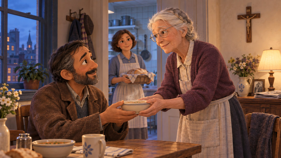 Dorothy Day rekker en skål suppe til en voksen gjest, mens en medhjelper kommer med brød.