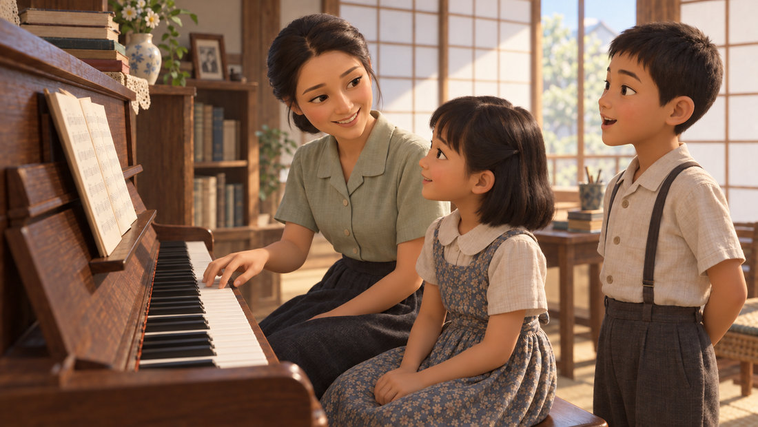 Satoko viser en jente noen toner på pianoet mens en gutt synger ved siden av.