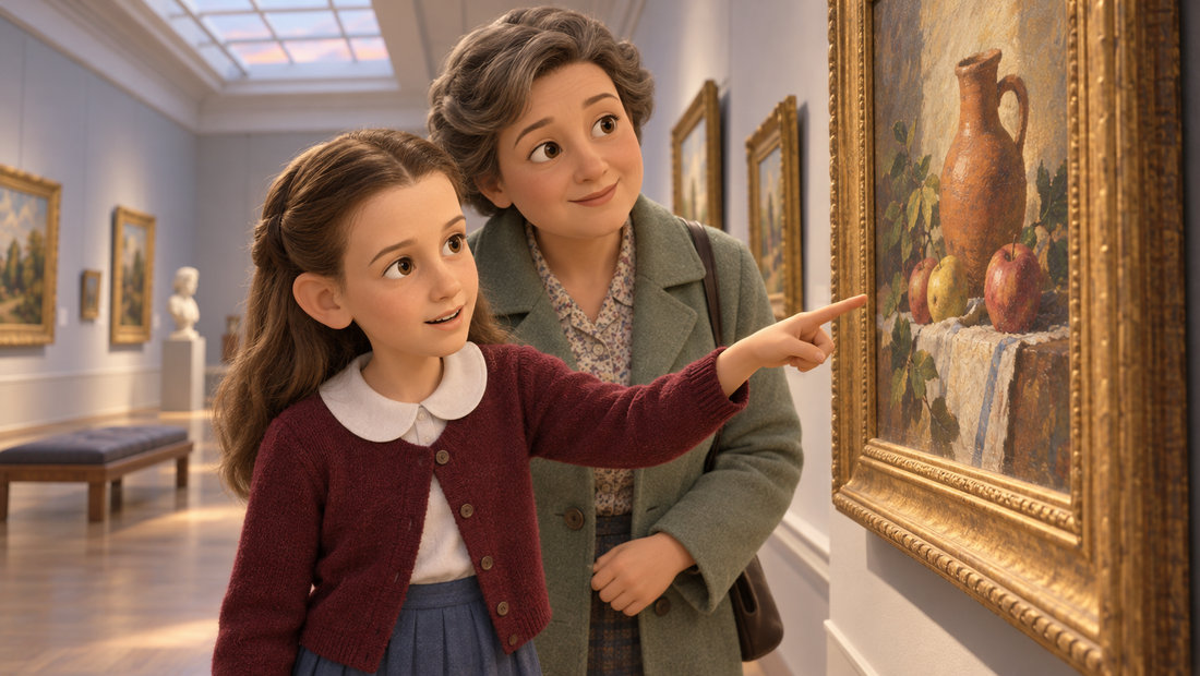Alexia ser nysgjerrig på et maleri i et museum sammen med en voksen.