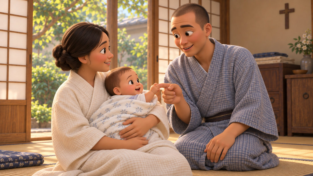 Midori og Takashi Nagai er sammen med det lille barnet sitt hjemme.