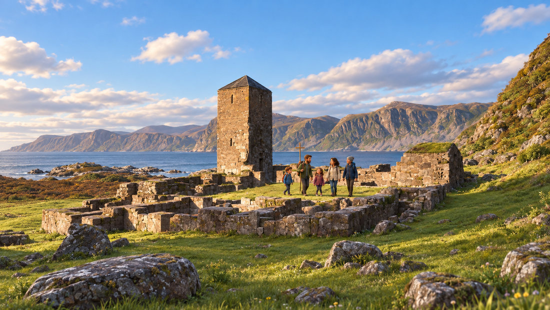 Et lite pilegrimsfølge går ved klosterruinene på Selja, med steintårnet og havet bak.
