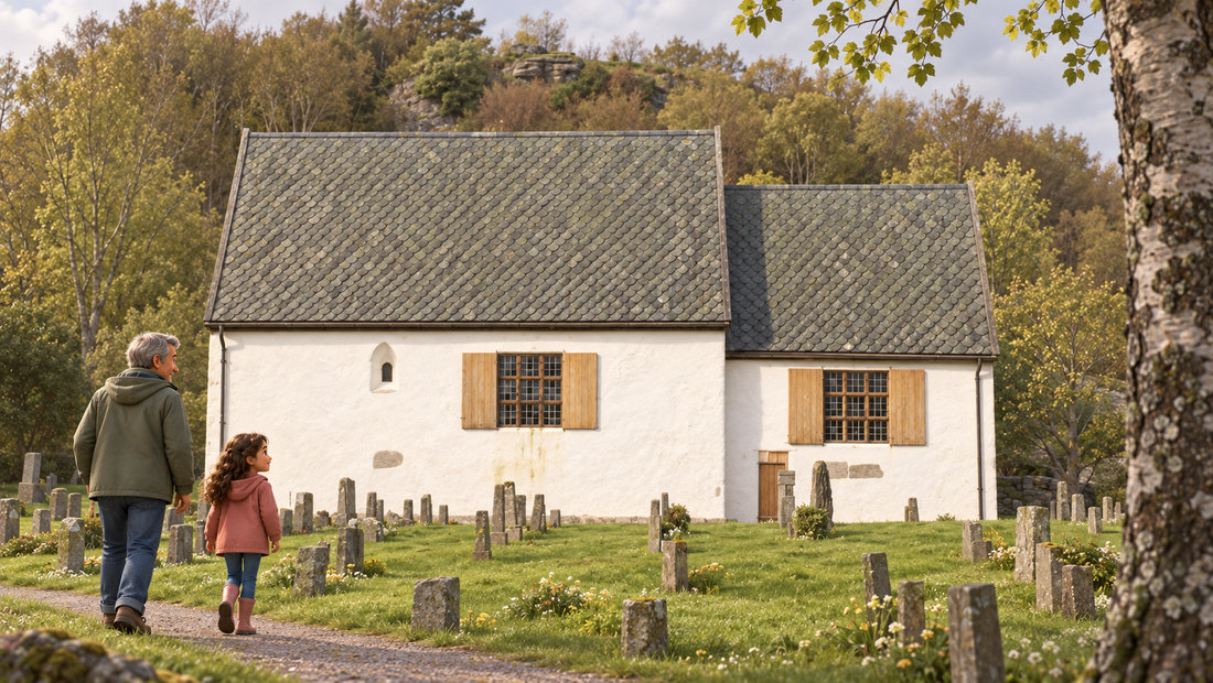 Et barn og en voksen går ved Moster gamle kirke, med hvite vegger og to grå skifertak.