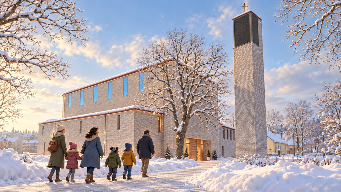 Familier går mot St. Olav domkirke i Trondheim på en lys vinterdag.