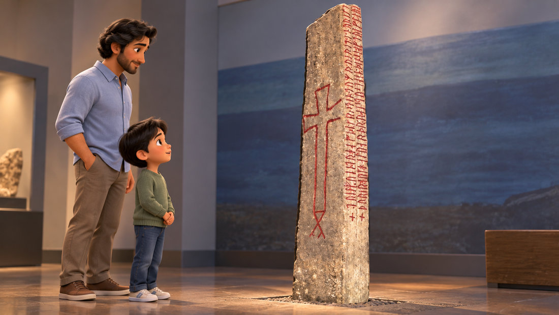 Et barn og en voksen ser på det røde korset på Kulisteinen i et museum.