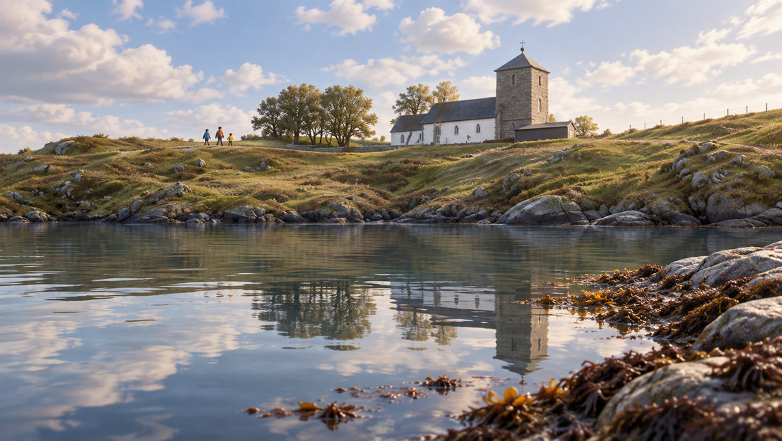 Olavskirken på Avaldsnes speiler seg i det rolige vannet, mens små besøkende går ved kirken.