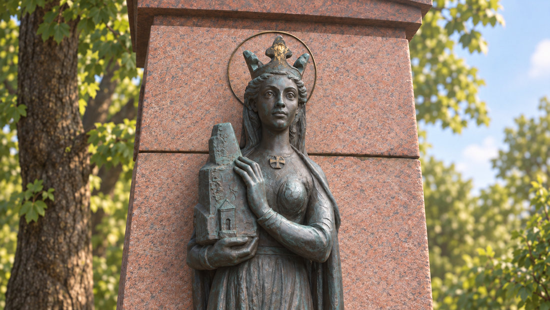 Sunniva-statuen ved Kristkirketomten i Bergen står foran rosa granitt og grønne trær.