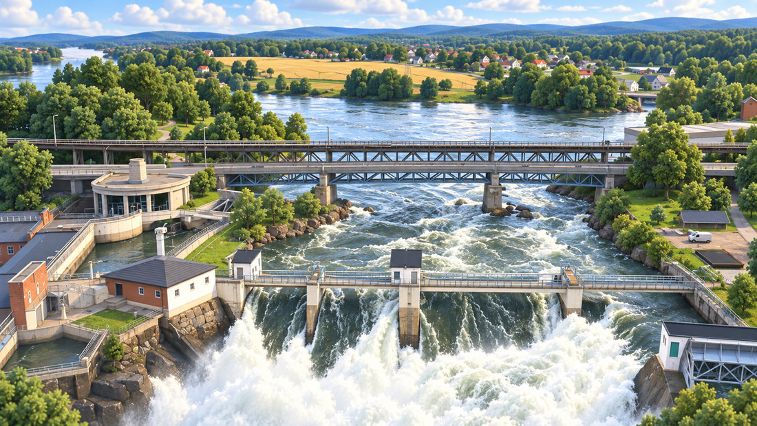 Sarpsfossen strømmer under broene i Sarpsborg, med byen og elven videre bak.