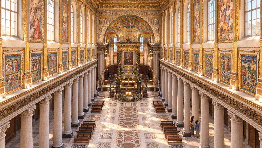 Søyler og gamle bilder leder blikket gjennom Santa Maria Maggiore mot alteret og den gylne apsiden.
