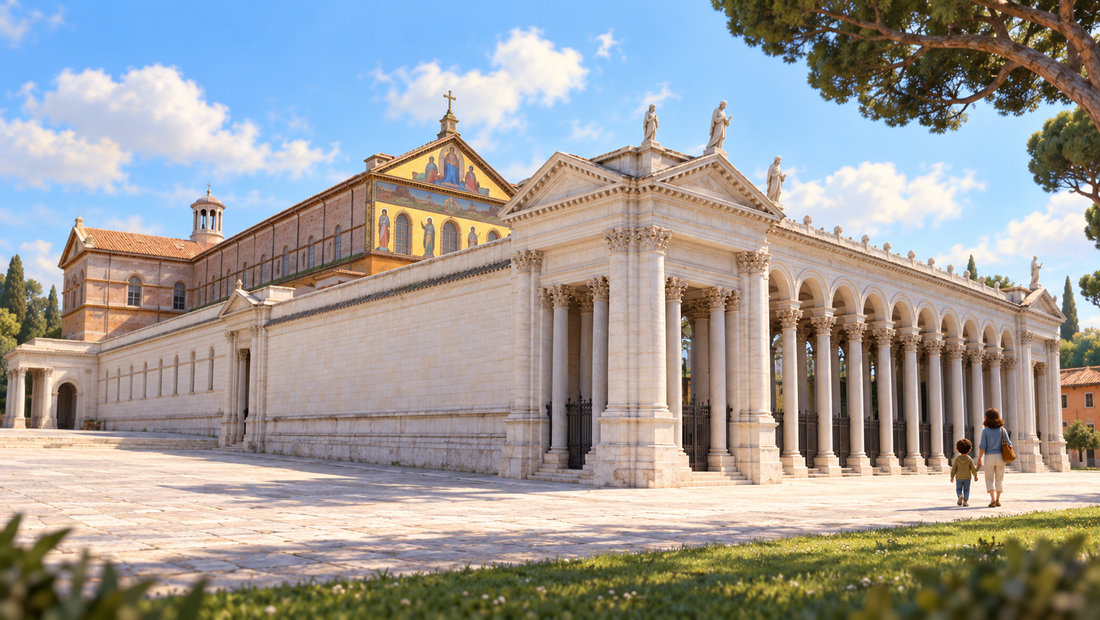 Søylegården og den gylne fasaden på Paulusbasilikaen i Roma, sett fra den åpne plassen utenfor.