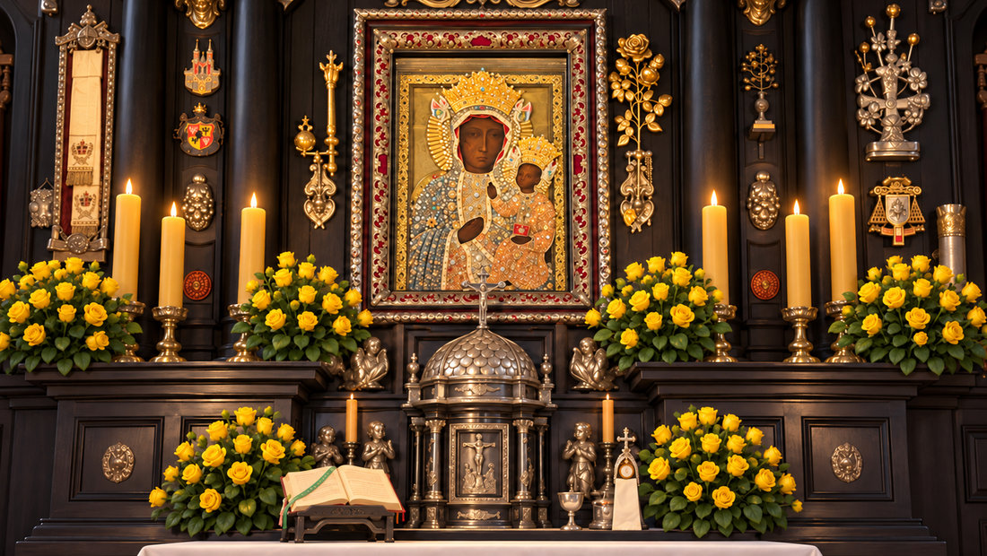 Det kjente bildet av Maria med Jesus står over alteret i Jasna Góra, omgitt av lys og gule blomster.