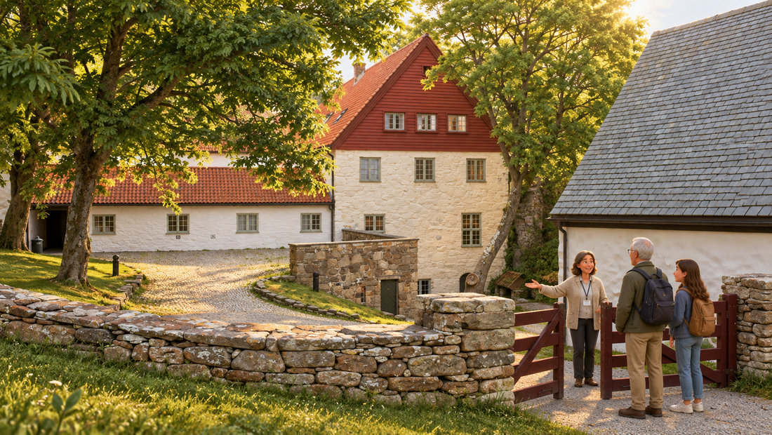 En museumsvert tar imot to besøkende ved porten til Utstein kloster.