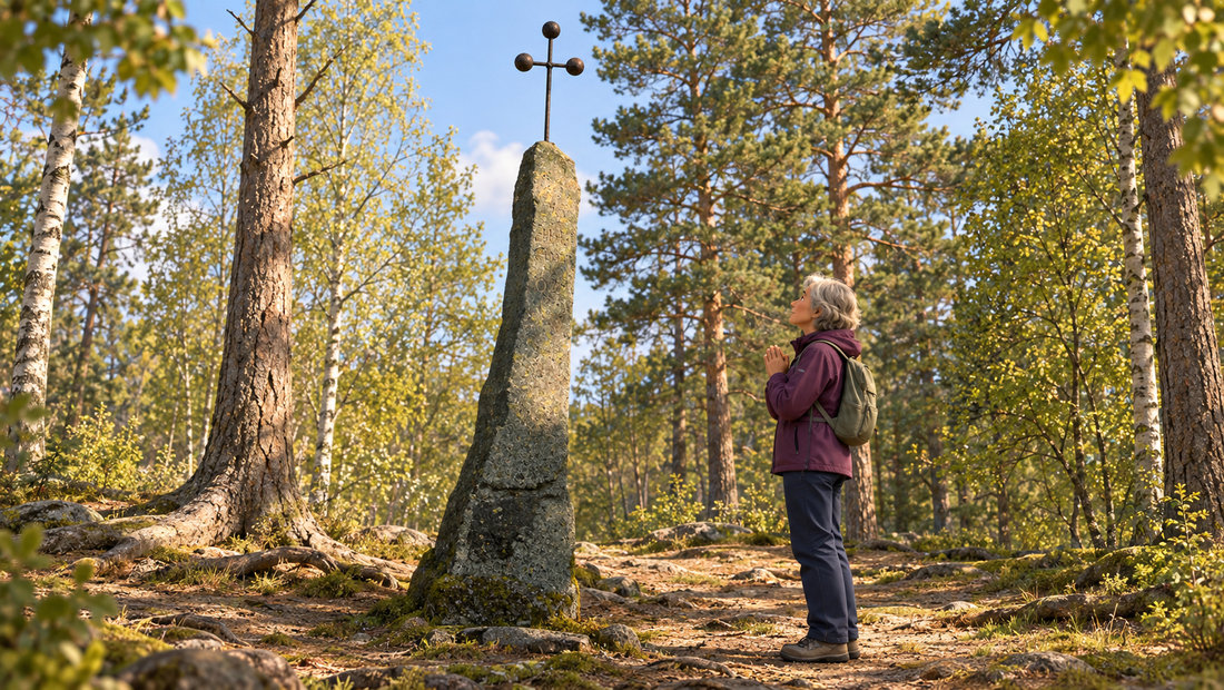 En vandrer stanser i bønn ved jernkorset på den høye steinen på Korsbrekka.