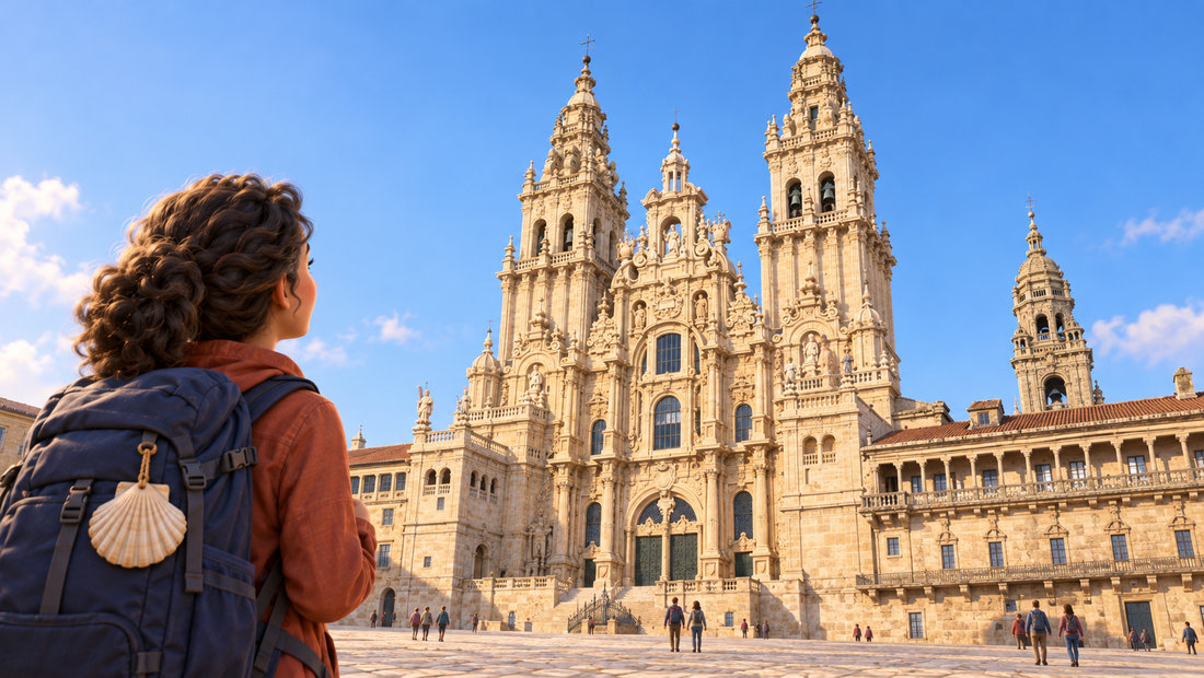 En pilegrim med kamskjell på sekken ser fram mot katedralen i Santiago de Compostela.