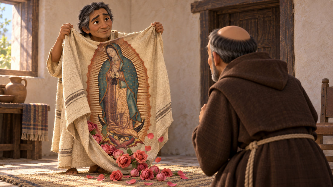 Juan Diego åpner kappen med Maria-bildet, og blomstene faller fram.