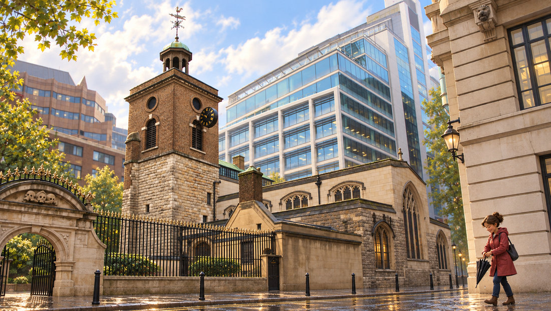 St. Olave Hart Street ligger mellom høye byhus i London, med sitt lave kirkerom og firkantede tårn.