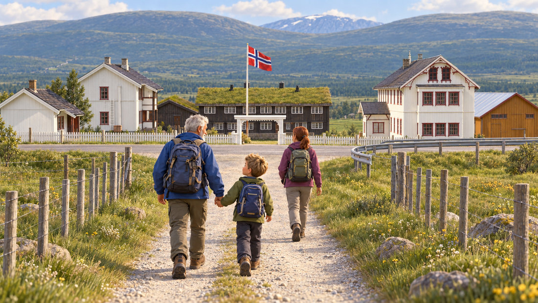 Vandrere går mot Fokstugu på Dovrefjell, der pilegrimsveiene møtes.