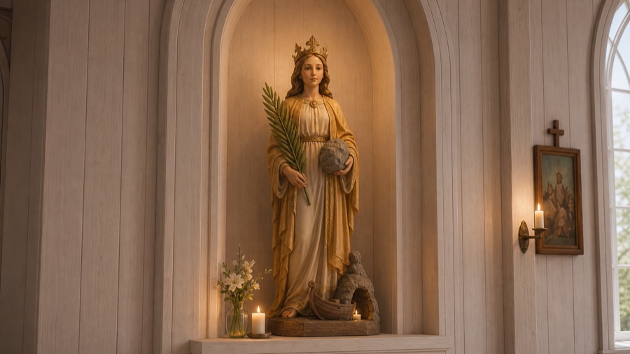 Statue av den hellige Sunniva med krone, palmegren, stein og en liten båt.