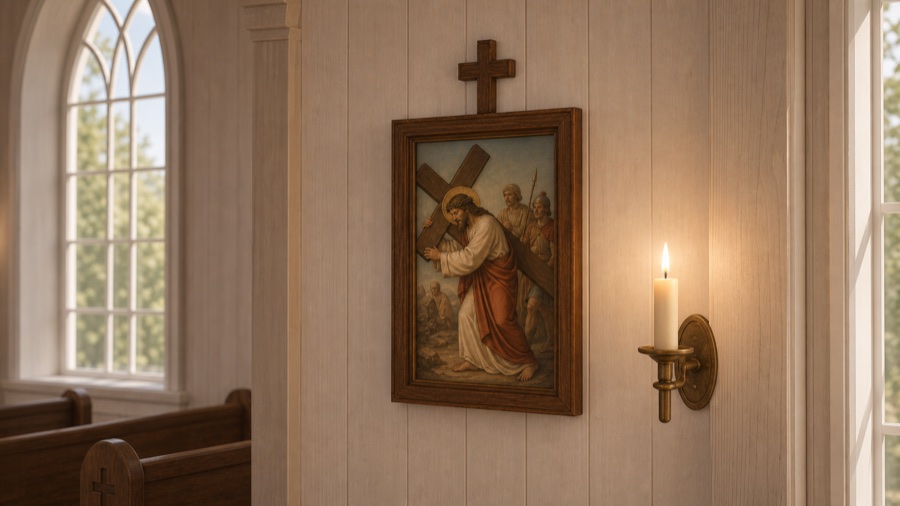 Et korsveibilde der Jesus bærer korset, med et lite trekors over rammen.