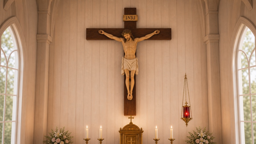 Katolsk krusifiks med Jesus på korset og INRI over hodet.