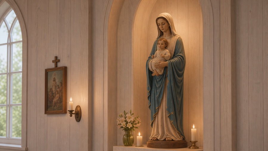 Statue av Maria som holder Jesusbarnet.