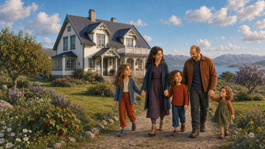 Familien går sammen i hagen på Maram med det hvite huset, fjorden og fjellene bak.