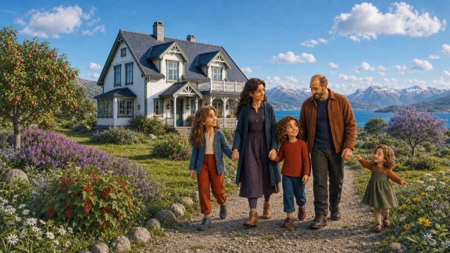 Familien går sammen gjennom den fargerike hagen på Maram med det hvite huset, fjorden og fjellene bak.
