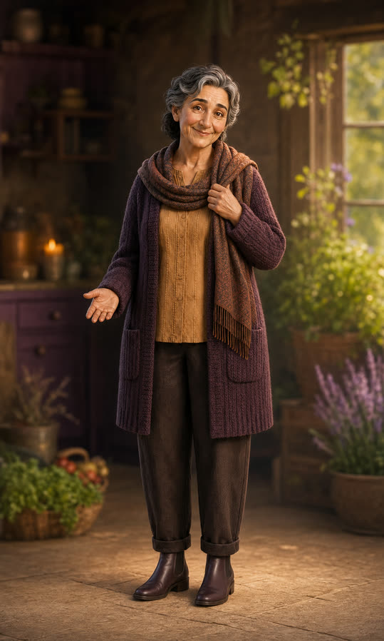 Mormor ønsker velkommen med et varmt, humoristisk smil, mørkt hår med sølvpartier, auberginefarget cardigan og vevd sjal.