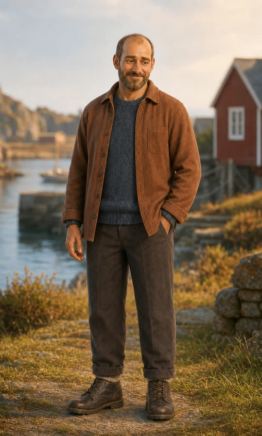 Pappa smiler mildt ved havna, 45 år, med lite hår, kort skjegg, mørk genser og rustfarget jakke.
