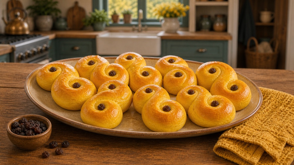 Et fat med ferdige, safrangule lussekatter på kjøkkenbordet.