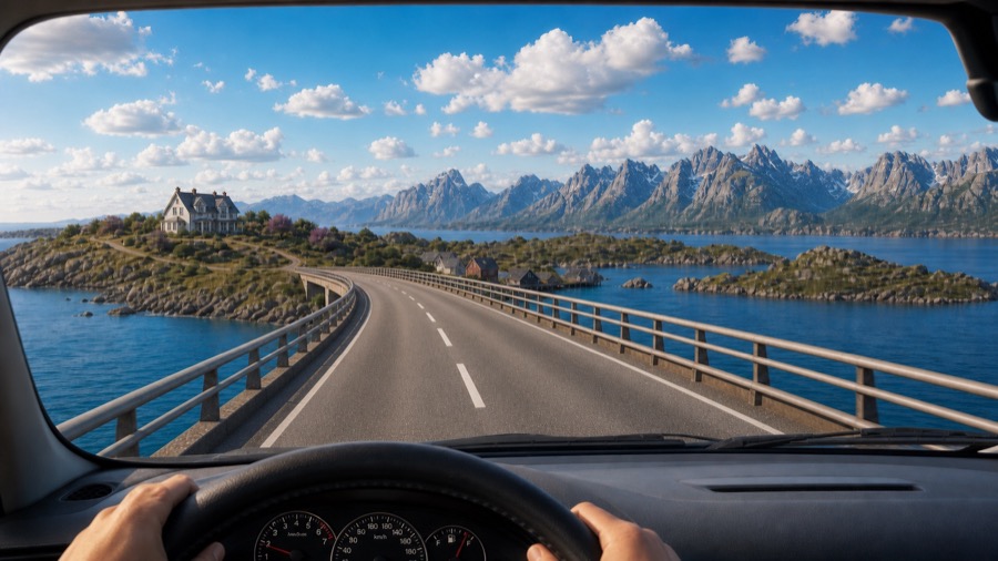 Utsikten gjennom frontruten på familiebilen over brua fra Maram.