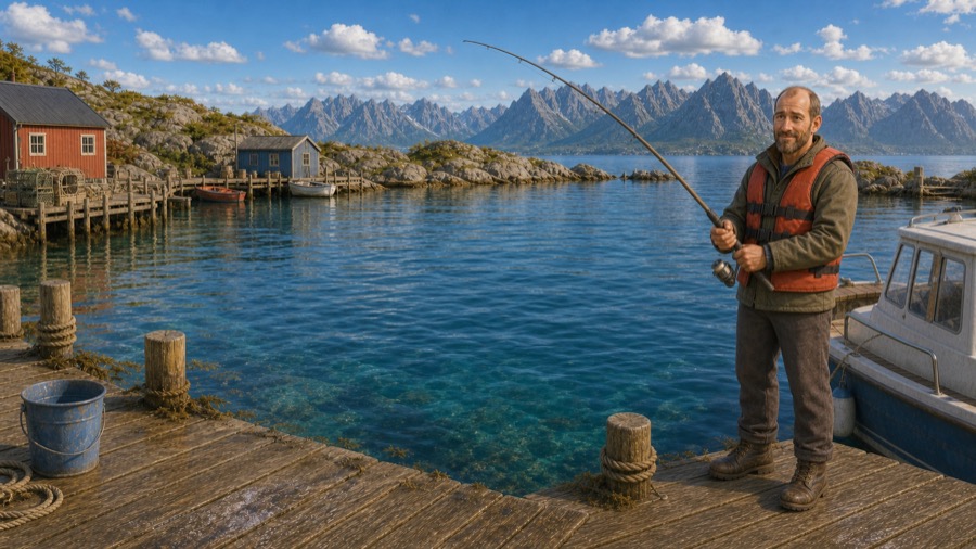 Pappa står klar med fiskestangen ved småbåthavna på Maram.
