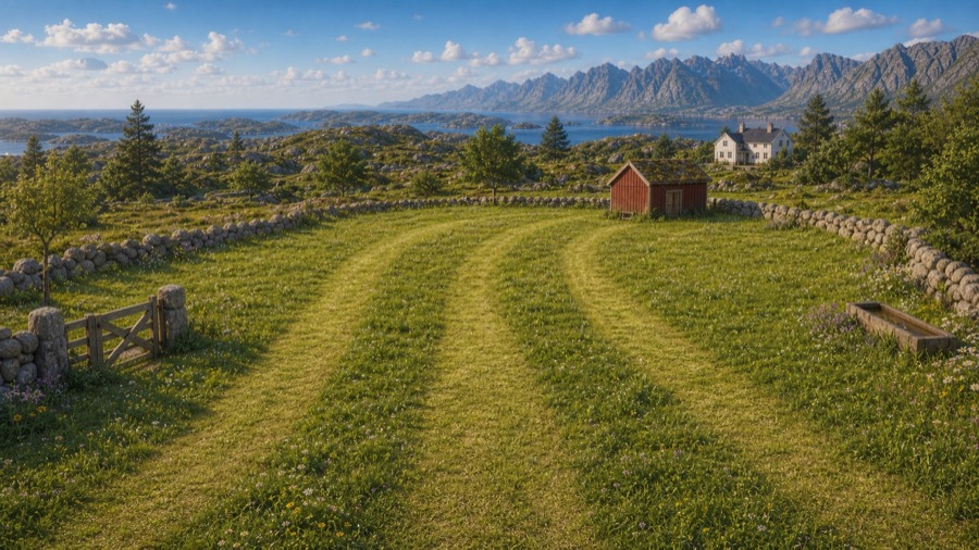 Det grønne jordet med kjørestriper, steingarder, fjord og fjell.